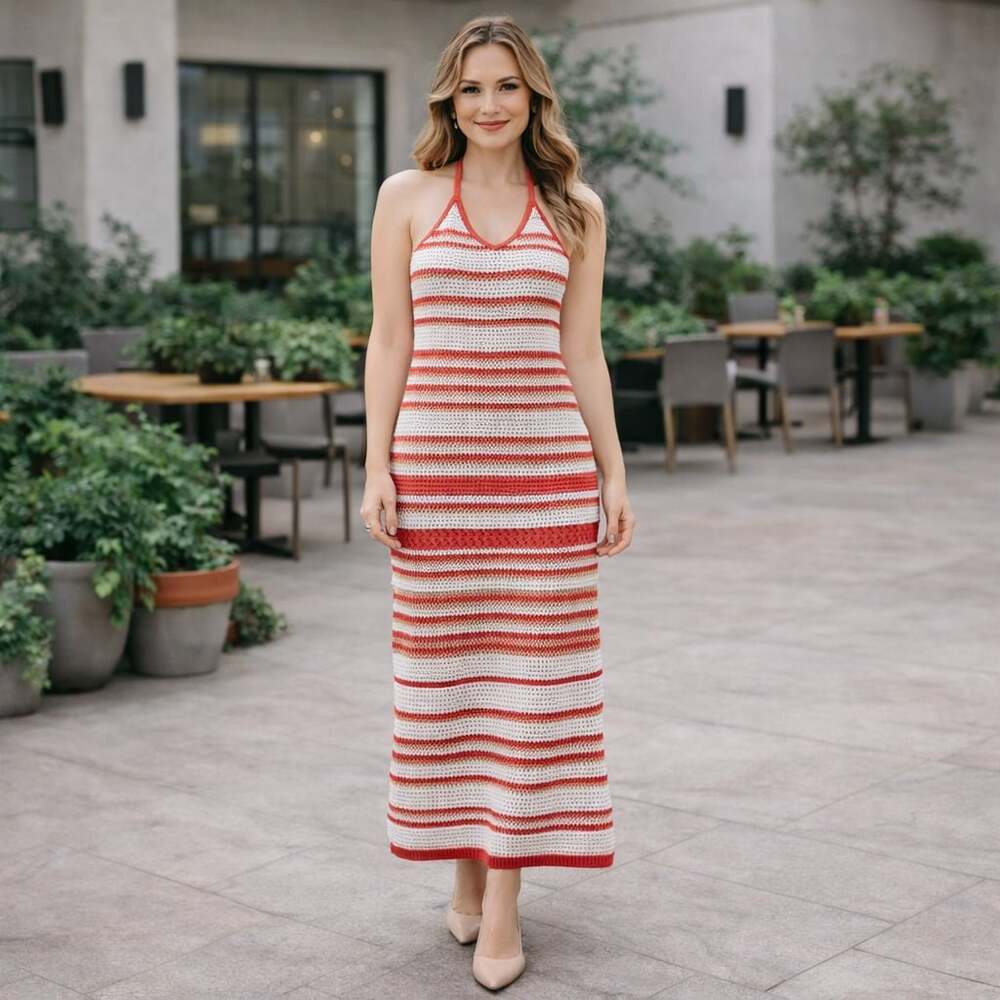 Freshman 1996 Crochet Halter Maxi Dress Red White Striped Size XS